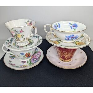 Vintage Mismatched Tea Cup & Saucer Set of 4 Mixed Floral Bone China